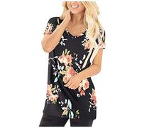 Blusas y Tops, para mujer, de moda, casual, con estampado floral, manga corta, con cuello en V, blusas para mujer, elegantes (negro 3XL)