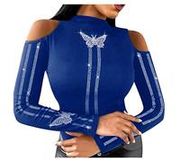Blusas y Tops, Primavera Mariposa con tachuelas de diamante Cuello de Manga Larga Blusa Blusas para Mujer Elegante (Azul M)
