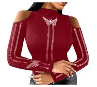 Blusas y Tops, Primavera Mariposa con tachuelas de diamante Cuello de Manga Larga Blusa Blusas para Mujer Elegante (Vino)