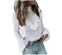 Blusas y tops, sexy para mujer, manga larga, cuello alto, bordado, con volantes, camiseta, blusas para mujer, elegantes (blanco S)