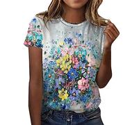 blusas y túnicas para mujer Camiseta de mujer con estampado floral, mariposa, mar y puesta de sol, cuello redondo, camisa deportiva de manga corta, informal, bonita camiseta con escote profundo, azul