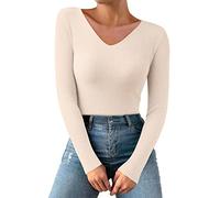 Blusenshirt Damen Langarm Elegant mit Gummibund Langarmshirt Damen Baumwolle V-Ausschnitt Eng Longsleeve Feinripp T-Shirt Thermo Tshirt Locker Tops Modern T-Shirts Slim Fit Tops Elastisch, b, Talla