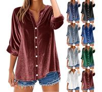 Blusenshirt Damen Langarm Elegant Tshirt Damen Langarm Baumwolle V-Ausschnitt Blusenshirt glänzende Samt Shirts Solavers Hemdbluse Modern Sweatshirt mit Knopfleiste Tops Thermo Blusen Loose Oberteil