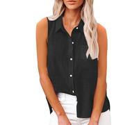 Blusentop Damen Sommer Baumwolle - Leinenbluse Damen Große Größen - Weste Elegant Blusenshirt Ärmellose Tank Top Solaver Hemdbluse Einfarbig Musselin Bluse Knopfleiste Tanktops leicht Shirts, Negro