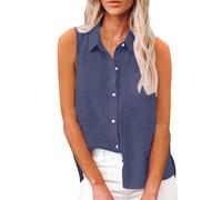 Blusentop Damen Sommer Baumwolle - Leinenbluse Damen Große Größen - Weste Elegant Blusenshirt Ärmellose Tank Top Solaver Hemdbluse Einfarbig Musselin Bluse Knopfleiste Tanktops leicht Shirts, marine