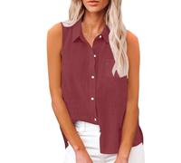Blusentop Damen Sommer Baumwolle - Leinenbluse Damen Große Größen - Weste Elegant Blusenshirt Ärmellose Tank Top Solaver Hemdbluse Einfarbig Musselin Bluse Knopfleiste Tanktops leicht Shirts, Vino