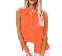 Blusentop Damen Sommer Baumwolle - Leinenbluse Damen Große Größen - Weste Elegant Blusenshirt Ärmellose Tank Top Solaver Hemdbluse Einfarbig Musselin Bluse Knopfleiste Tanktops leicht Shirts, naranja