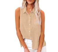 Blusentop Damen Sommer Baumwolle - Leinenbluse Damen Große Größen - Weste Elegant Blusenshirt Ärmellose Tank Top Solaver Hemdbluse Einfarbig Musselin Bluse Knopfleiste Tanktops leicht Shirts, caqui, S