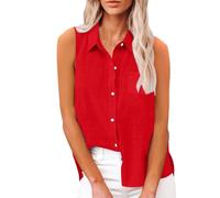 Blusentop Damen Sommer Baumwolle - Leinenbluse Damen Große Größen - Weste Elegant Blusenshirt Ärmellose Tank Top Solaver Hemdbluse Einfarbig Musselin Bluse Knopfleiste Tanktops leicht Shirts, rojo