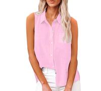 Blusentop Damen Sommer Baumwolle - Leinenbluse Damen Große Größen - Weste Elegant Blusenshirt Ärmellose Tank Top Solaver Hemdbluse Einfarbig Musselin Bluse Knopfleiste Tanktops leicht Shirts, Rosa
