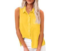Blusentop Damen Sommer Baumwolle - Leinenbluse Damen Große Größen - Weste Elegant Blusenshirt Ärmellose Tank Top Solaver Hemdbluse Einfarbig Musselin Bluse Knopfleiste Tanktops leicht Shirts, amarillo