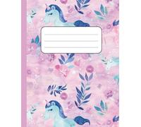 Blushing Unicorn Dreams: Lined Notebook for Girls - 110 Pages, 8.5 x 11 in - Playful Blue Unicorns with Purple Flowers on a Pink & Lavender Background - Magical Pastel Design