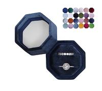 BLUTETE Caja de terciopelo con 2 ranuras para anillos de compromiso, boda, recuerdo, anillo de fotos de novia, doble ranura, octágono (azul medianoche)
