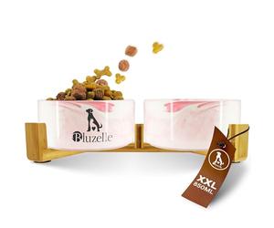 bluzelle Comedero Perro Elevado 2X 850ml - Estación Cerámica 2en1 & Soporte Bambú - Balance Bowl (XXL) - Cuenco Antideslizante para Perros y Gatos - Marca Alemana, Color:Mármol Rosa