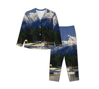 BLWSLC Airplane on Lake - Conjunto de pijama de manga larga con botones y ajuste holgado para mujer, Negro, L