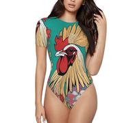 BLWSLC Body de cuello redondo con estampado de gallo floral - Mono de una pieza de manga corta para mujer - Uso individual o en capas, Negro, M