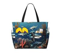 BLWSLC Bolsa de asas plegable con cremallera impresa tiburones bajo el mar, ligera y portátil, adecuada para viajes y gimnasio