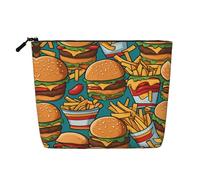 BLWSLC Bolsa de cosméticos de lino sintético con estampado de hamburguesas fritas para mujer, gran capacidad, esencial para el día a día