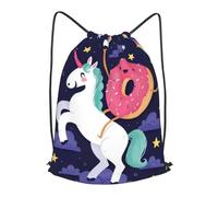 BLWSLC Bolsa de gimnasio con cordón, diseño de unicornios, donas y arco iris, con cordón, correas de hombro ajustables, adecuada para actividades de fitness, Negro, S