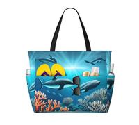 BLWSLC Bolsa de playa plegable con estampado de ballenas bajo el mar con cremallera, ligera y portátil, adecuada para viajes y uso en el gimnasio