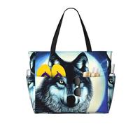 BLWSLC Bolsa de viaje de playa de gran capacidad con estampado de lobo bajo la luna, adecuada para vacaciones, camping y uso diario.