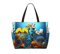 BLWSLC Bolsa plegable de playa con estampado de caballito de mar azul con cremallera, ligera y portátil, adecuada para viajes y uso en el gimnasio