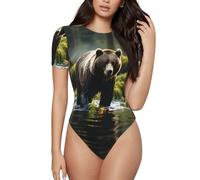 BLWSLC Brown Bear Pounce - Mono de manga corta para mujer, informal, para fiestas, uso diario, con dobladillo de botón a presión, NEGRO, XL