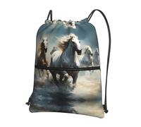 BLWSLC Caballos corriendo salvajes en el río Mochila deportiva con cordón impreso con cordón, mochila con cordón ajustable adecuada para senderismo y fitness