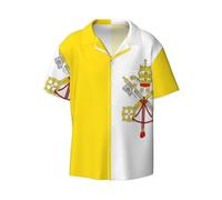 BLWSLC Camisa informal de manga corta con botones y cuello cubano, diseño de bandera del Vaticano, para vacaciones, Negro, 4X-Large-5X-Large