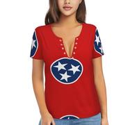 BLWSLC Camiseta con cuello en V profundo y estampado de la bandera del estado de Tennessee para mujer, ajuste holgado, NEGRO, L