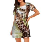 BLWSLC Camisón acampanado de manga corta con estampado de ciervo y jirafa de acuarela, cuello redondo, adecuado para viajes y fiestas, Negro, XL