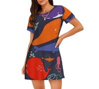 BLWSLC Camisón de línea A para mujer, estampado de ballena oceánica, peces, pulpo, casual, de manga corta, adecuado para vacaciones y fiestas de pijamas de niñas, disponible en 6 tallas, Negro, 3XL