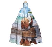 BLWSLC Capa con capucha estampada de jugo de coco y fruta, capa decorativa larga, adecuada para cosplay, actuaciones escénicas o fiestas de vacaciones.