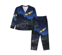 BLWSLC Conjunto de pijama casual para mujer, manga larga, estampado de luciérnagas, ropa de descanso imprescindible para las vacaciones, NEGRO, XXL