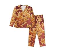 BLWSLC Conjunto de pijama casual para mujer, manga larga, papas fritas lanzadas al aire, ropa de descanso estampada, imprescindible para las vacaciones, Negro, M