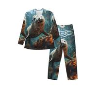 BLWSLC Conjunto de pijama de manga larga para hombre, estampado de cachorro de sello en el agua, conjunto de pijama suave con botones en la cintura elástica y bolsillos laterales, Negro, Large