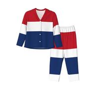 BLWSLC Conjunto de pijama de manga larga para mujer, estampado de bandera holandesa, cárdigan, adecuado para primavera y otoño, Negro, S