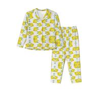 BLWSLC Conjunto de pijama de manga larga para mujer, estampado de limón amarillo, conjunto de pijama de manga larga con botones disponible en 5 tallas, Negro, XL