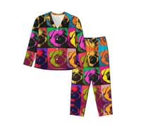 BLWSLC Conjunto de pijama para mujer con estampado de carlino y estampado de perro pop, cárdigan de manga larga, adecuado para exteriores y ropa de descanso, Negro, M