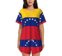 BLWSLC Conjunto de pijama para mujer con la bandera de Venezuela, camiseta de manga corta y pantalones cortos, conjunto de pijama de 2 piezas, Negro, Medium-5X-Large