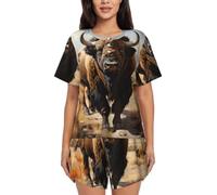BLWSLC Conjunto de pijama para mujer de North American Bison Herd, camiseta de manga corta y pantalones cortos, conjunto de pijama de 2 piezas, Negro, 3X-Large-5X-Large