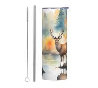 BLWSLC Deer by the river - Taza de café con pajilla impresa para viajes y oficina, 591 ml