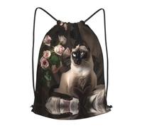 BLWSLC Elegante mochila deportiva con cordón para gimnasio y viajes, con estampado de gato siamés, Negro, Mediano