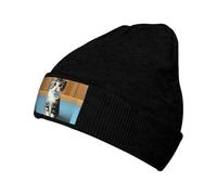 BLWSLC Gorro de punto cálido con estampado de gatito para dormitorio, diseño elástico negro sin alas, adecuado para esquí, correr y uso diario., Negro, talla única