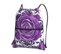 BLWSLC Hermosa mochila de gimnasio con bolsillo floral con estampado de rosas moradas y cordón ajustable adecuada para viajes