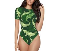 BLWSLC Ilustración de un body de cuello redondo de cocodrilo, mono de una pieza de manga corta para mujer, uso individual o en capas, Negro, XL