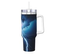 BLWSLC Lightning - Taza de acero inoxidable de doble pared impresa de 40 onzas con tapa de asa y popote, adecuada para agua y café