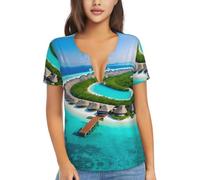 BLWSLC Maldives Scenery - Camiseta con cuello en V profundo para mujer, ajuste holgado, Negro, S