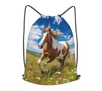 BLWSLC Mochila de viaje con cordón estampada de caballos en la pradera, portátil, adecuada para viajes cortos, Negro, pequeño