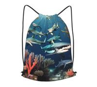 BLWSLC Mochila de viaje con cordón estampada de tiburones bajo el mar, portátil, adecuada para viajes cortos, Negro, Mediano
